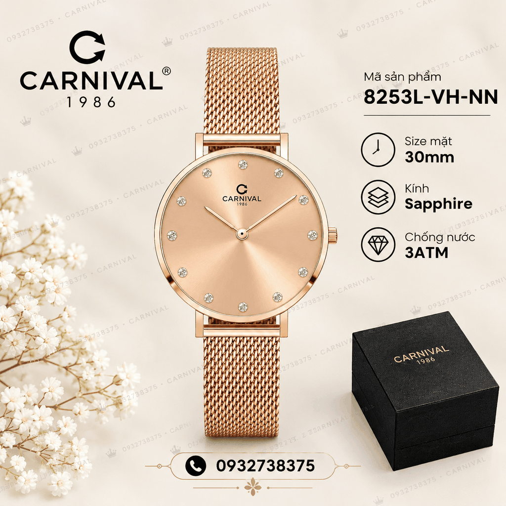 Đồng Hồ Nữ Carnival 8253L-VH-NN Dây Mesh Màu Vàng Hồng Size 30mm Mỏng Nhỏ Xinh
