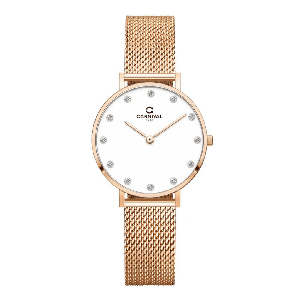 Đồng Hồ Nữ Carnival 8253L-VH-T Dây Mesh Màu Vàng Hồng Mặt Trắng Size 30mm Mỏng Nhỏ Xinh