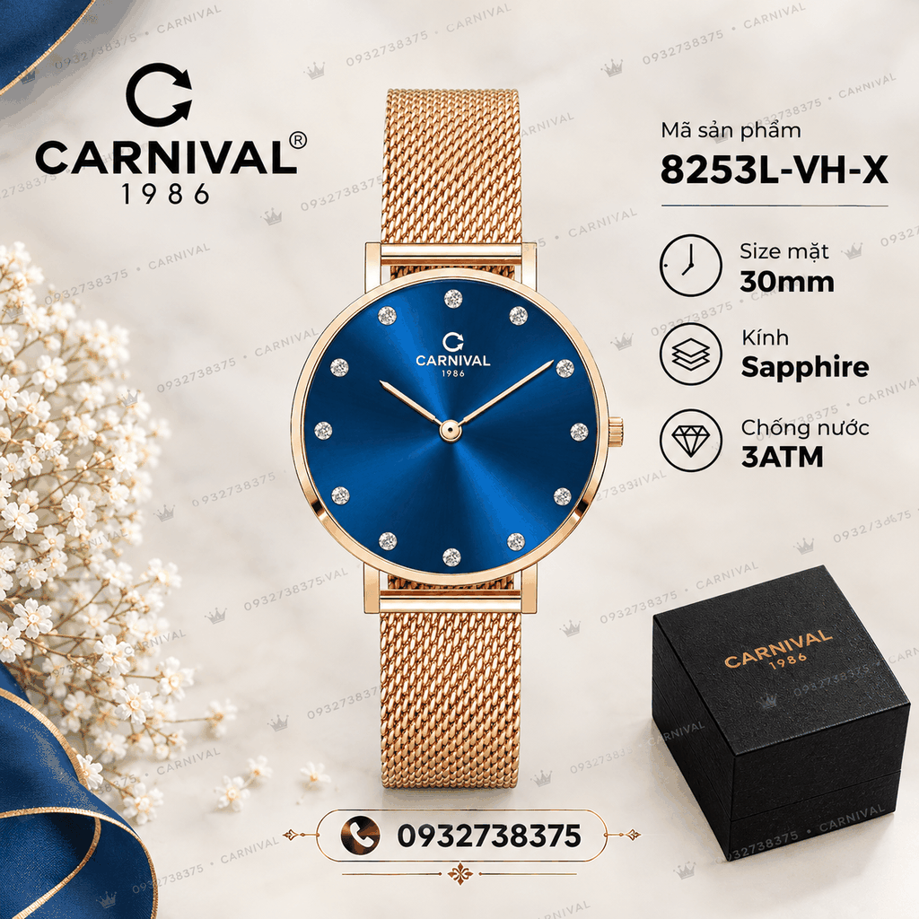 Đồng Hồ Nữ Carnival 8253L-VH-X Dây Mesh Màu Vàng Hồng Mặt Xanh Coban Size 30mm Mỏng Nhỏ Xinh