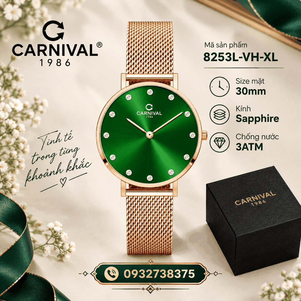 Đồng Hồ Nữ Carnival 8253L-VH-XL Dây Mesh Màu Vàng Hồng Mặt Xanh Lá Size 30mm Mỏng Nhỏ Xinh