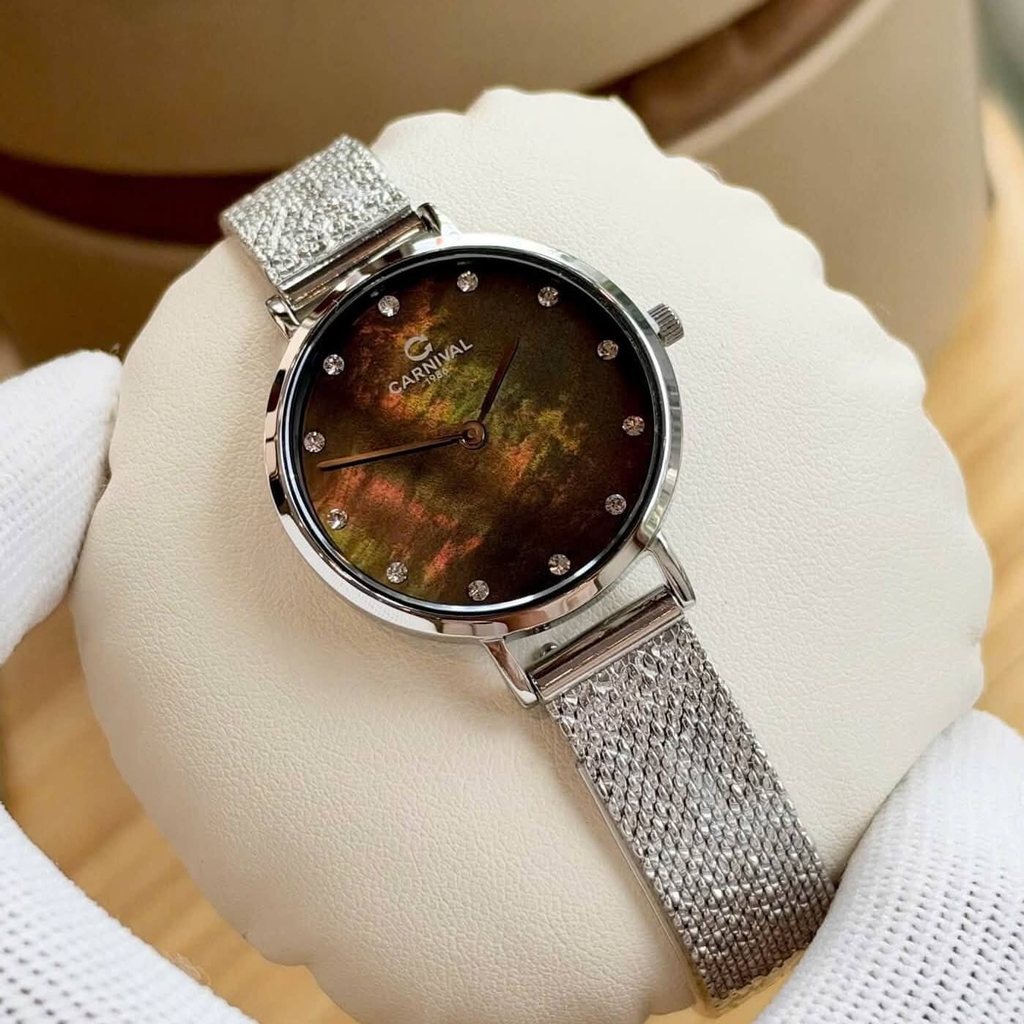 Đồng Hồ Nữ Carnival 8253L-VT-DK Dây Mesh Bạc Mặt Xà Cừ Đen Size 30mm Mỏng Nhỏ Xinh