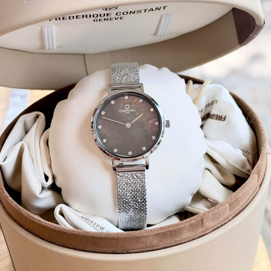 Đồng Hồ Nữ Carnival 8253L-VT-DK Dây Mesh Bạc Mặt Xà Cừ Đen Size 30mm Mỏng Nhỏ Xinh