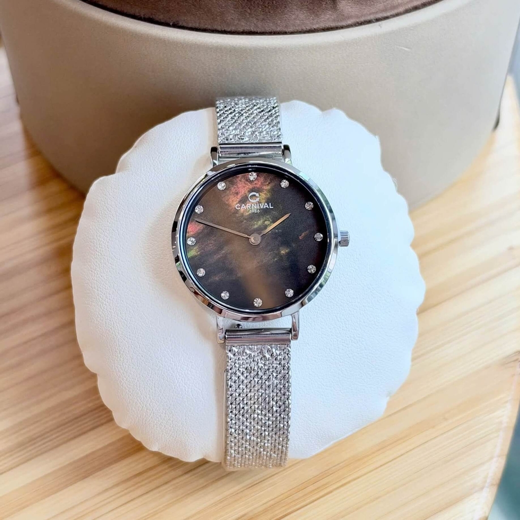 Đồng Hồ Nữ Carnival 8253L-VT-DK Dây Mesh Bạc Mặt Xà Cừ Đen Size 30mm Mỏng Nhỏ Xinh