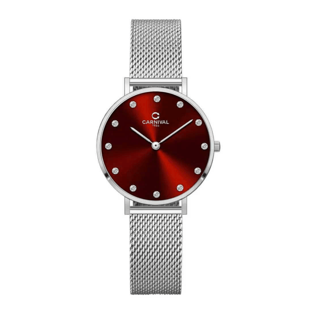 Đồng Hồ Nữ Carnival 8253L-VT-DO Dây Mesh Bạc Mặt Đỏ Size 30mm Mỏng Nhỏ Xinh