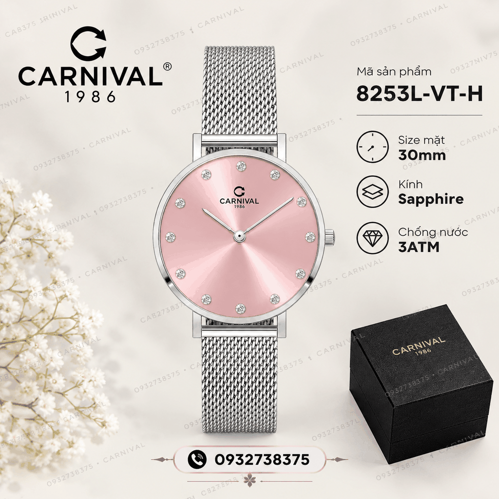 Đồng Hồ Nữ Carnival 8253L-VT-H Dây Mesh Bạc Mặt Hồng Size 30mm Mỏng Nhỏ Xinh