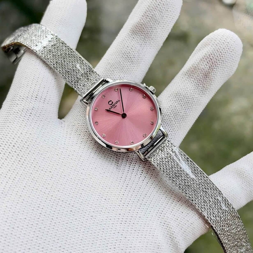 Đồng Hồ Nữ Carnival 8253L-VT-H Dây Mesh Bạc Mặt Hồng Size 30mm Mỏng Nhỏ Xinh