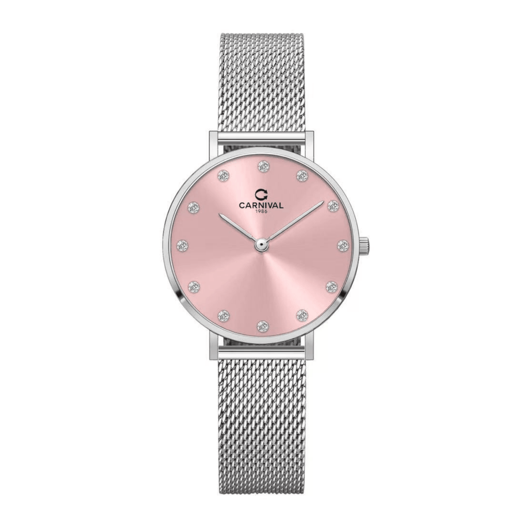 Đồng Hồ Nữ Carnival 8253L-VT-H Dây Mesh Bạc Mặt Hồng Size 30mm Mỏng Nhỏ Xinh