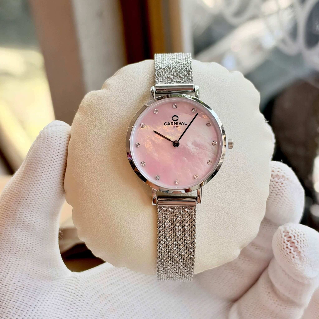 Đồng Hồ Nữ Carnival 8253L-VT-HK Dây Mesh Bạc Mặt Xà Cừ Hồng Size 30mm Mỏng Nhỏ Xinh