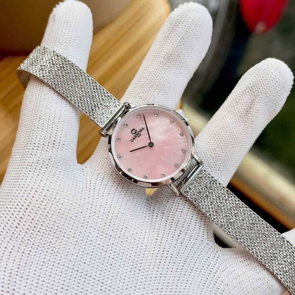 Đồng Hồ Nữ Carnival 8253L-VT-HK Dây Mesh Bạc Mặt Xà Cừ Hồng Size 30mm Mỏng Nhỏ Xinh