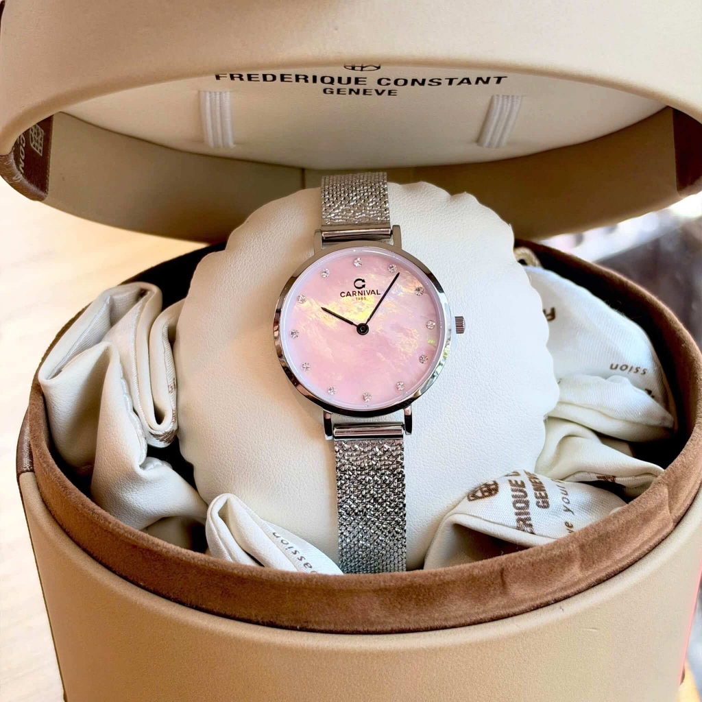 Đồng Hồ Nữ Carnival 8253L-VT-HK Dây Mesh Bạc Mặt Xà Cừ Hồng Size 30mm Mỏng Nhỏ Xinh