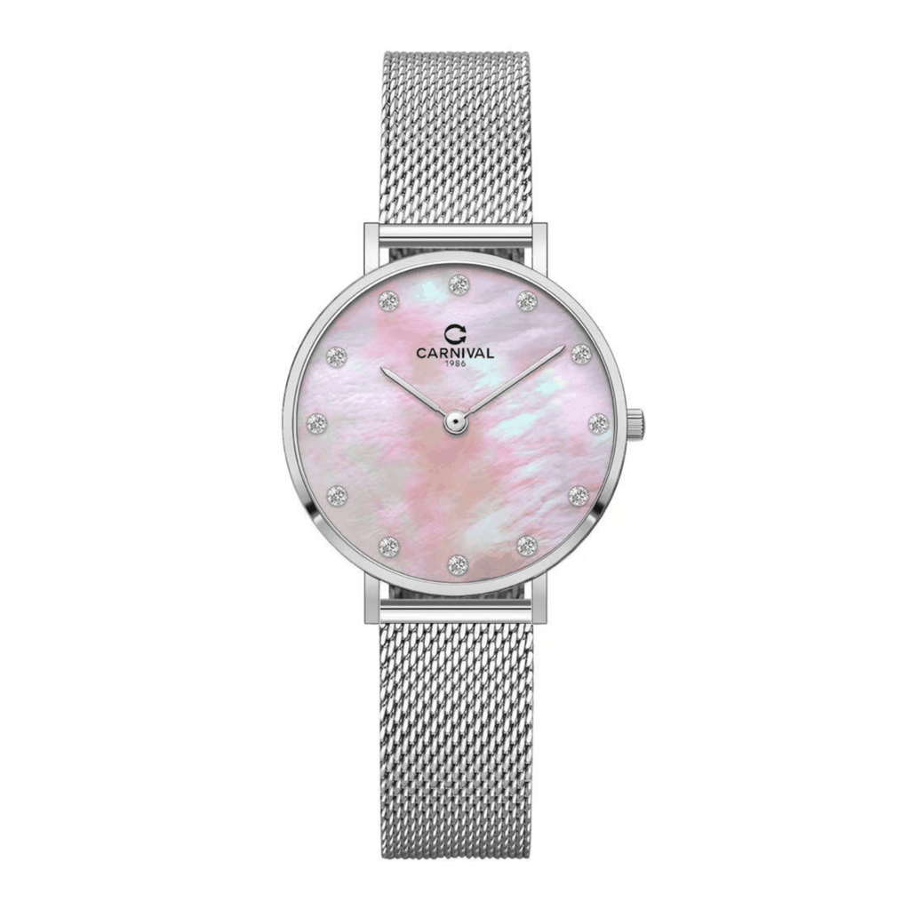 Đồng Hồ Nữ Carnival 8253L-VT-HK Dây Mesh Bạc Mặt Xà Cừ Hồng Size 30mm Mỏng Nhỏ Xinh