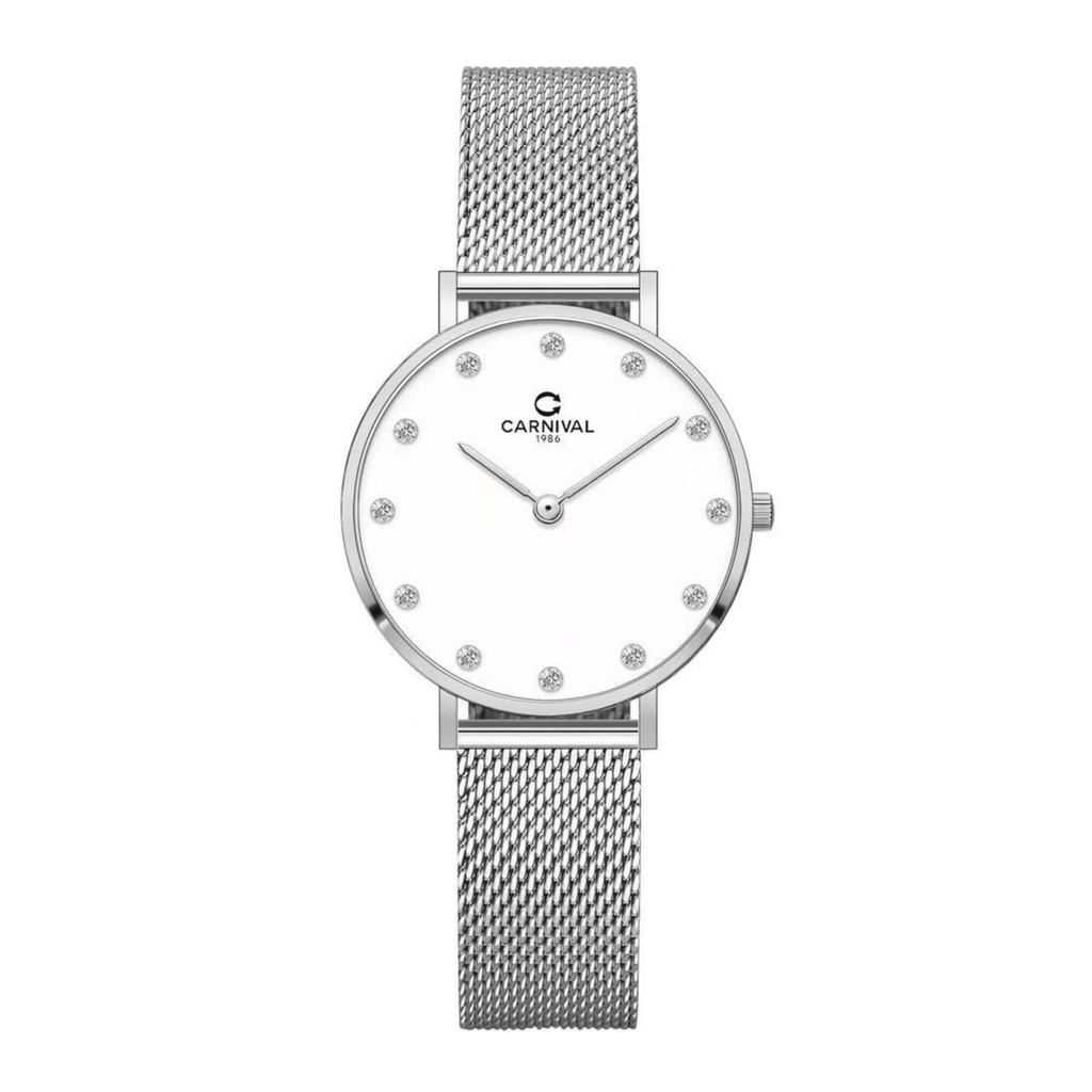 Đồng Hồ Nữ Carnival 8253L-VT-T Dây Mesh Bạc Mặt Trắng Size 30mm Mỏng Nhỏ Xinh