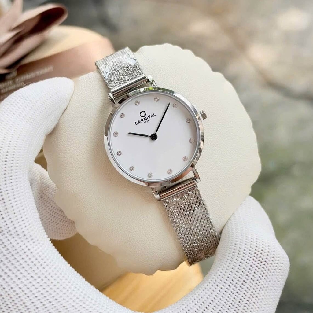 Đồng Hồ Nữ Carnival 8253L-VT-T Dây Mesh Bạc Mặt Trắng Size 30mm Mỏng Nhỏ Xinh