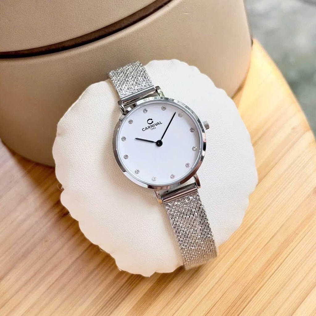 Đồng Hồ Nữ Carnival 8253L-VT-T Dây Mesh Bạc Mặt Trắng Size 30mm Mỏng Nhỏ Xinh