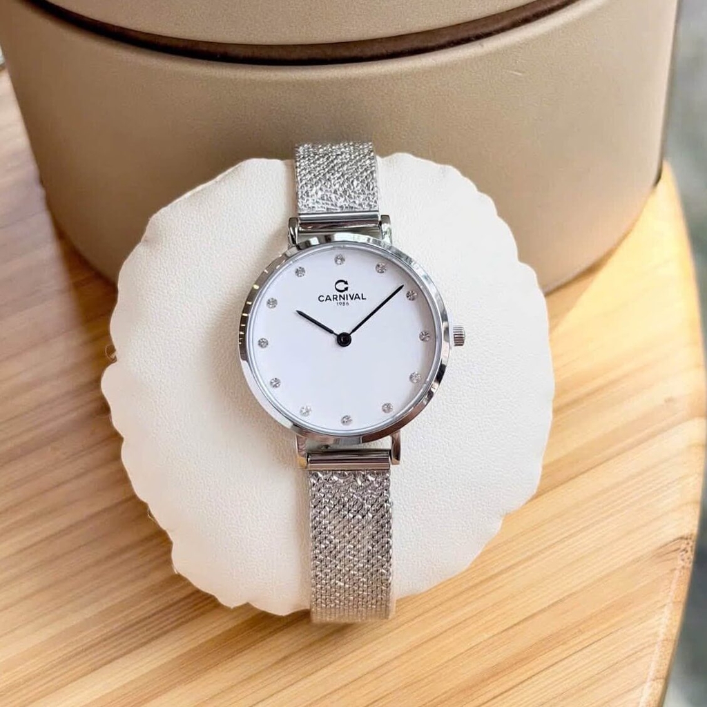 Đồng Hồ Nữ Carnival 8253L-VT-T Dây Mesh Bạc Mặt Trắng Size 30mm Mỏng Nhỏ Xinh