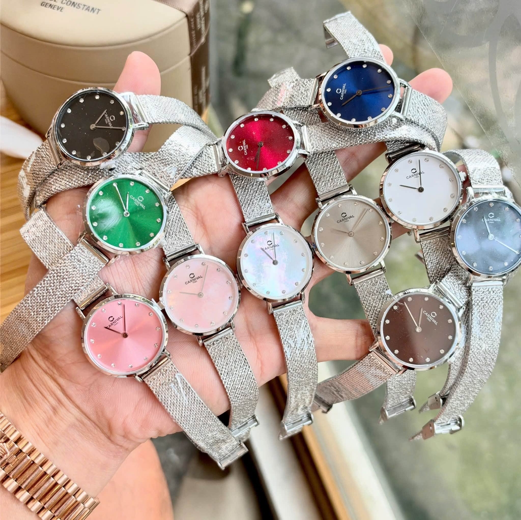 Đồng Hồ Nữ Carnival 8253L-VT-TK Dây Mesh Bạc Mặt Xà Cừ Trắng Size 30mm Mỏng Nhỏ Xinh