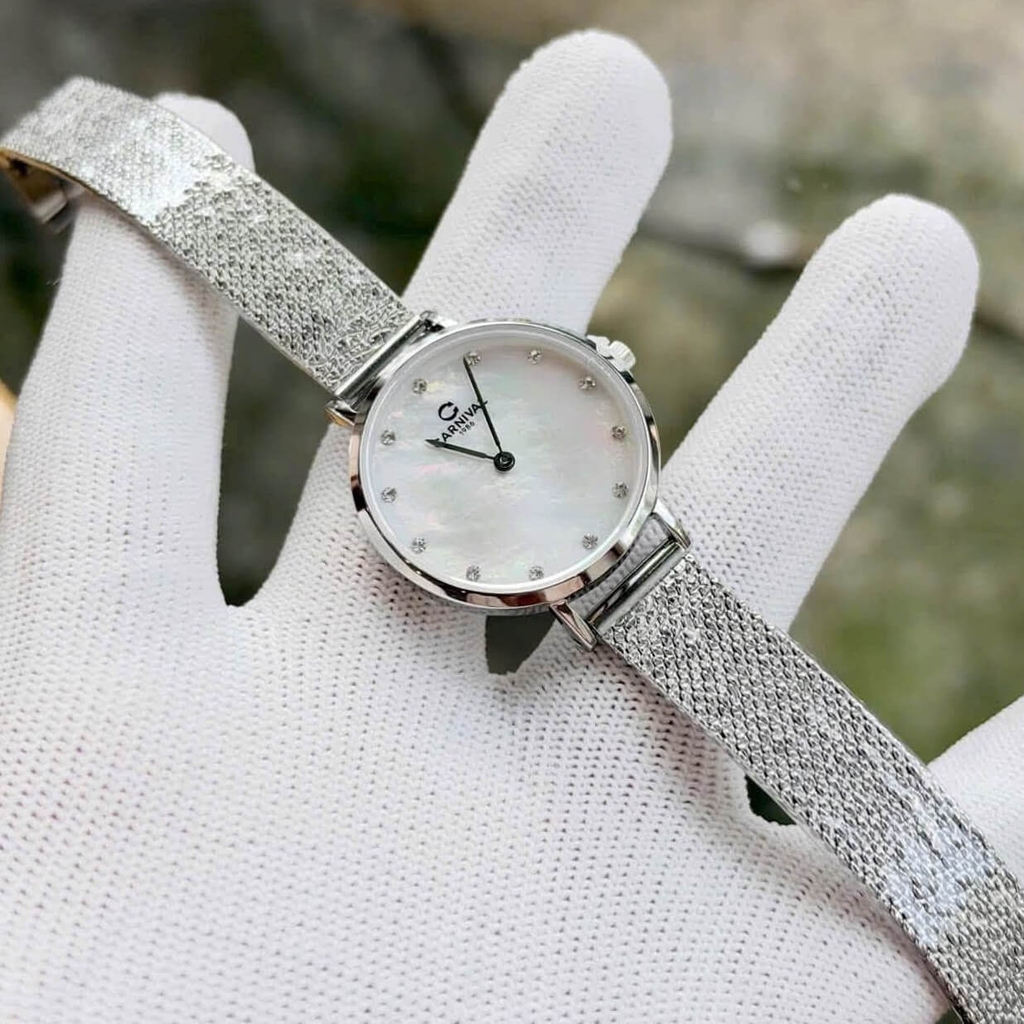 Đồng Hồ Nữ Carnival 8253L-VT-TK Dây Mesh Bạc Mặt Xà Cừ Trắng Size 30mm Mỏng Nhỏ Xinh