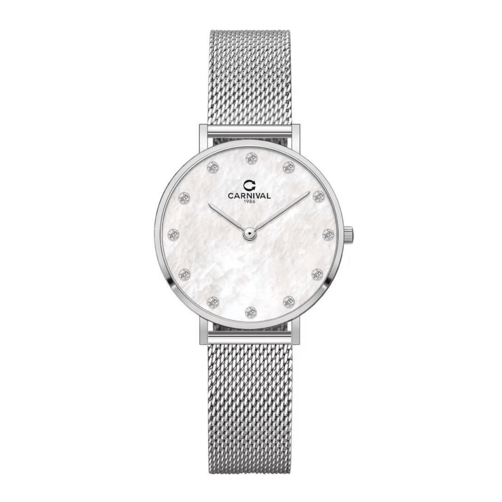 Đồng Hồ Nữ Carnival 8253L-VT-TK Dây Mesh Bạc Mặt Xà Cừ Trắng Size 30mm Mỏng Nhỏ Xinh