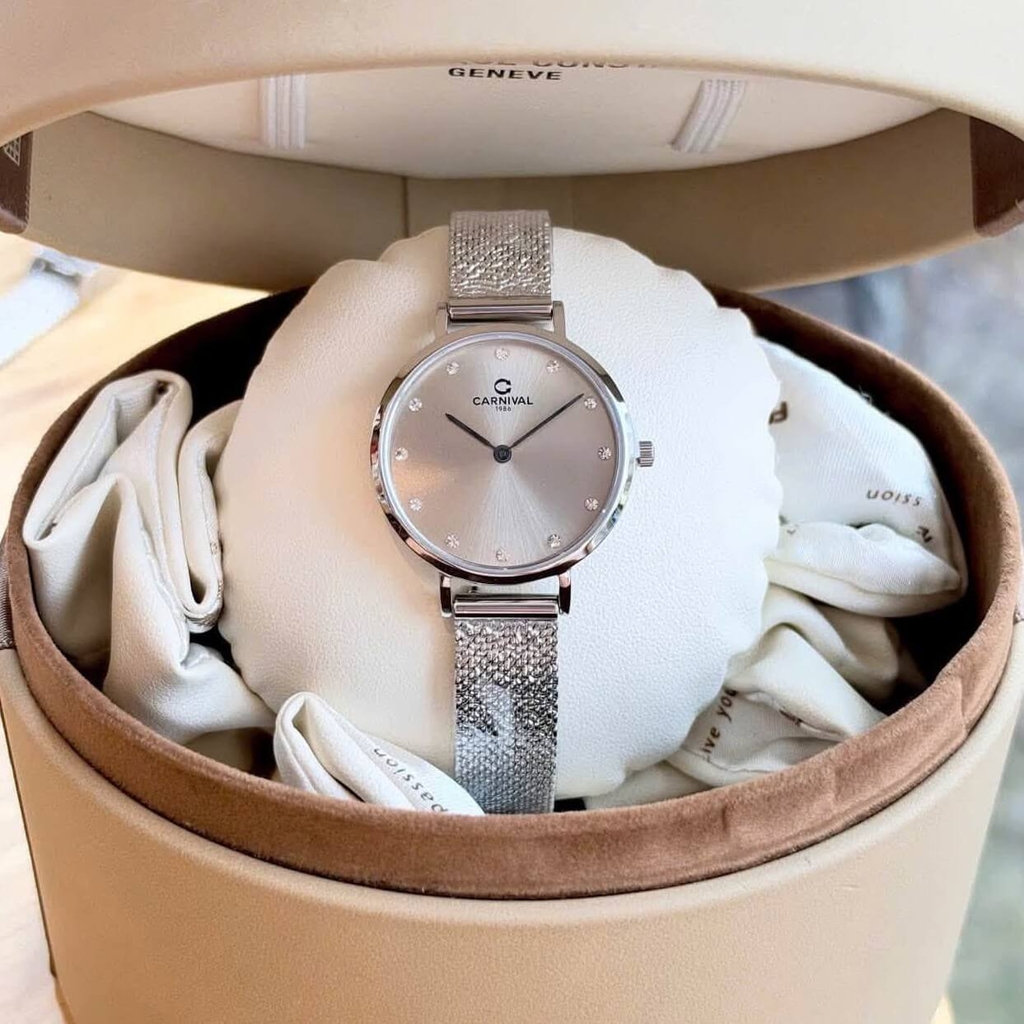 Đồng Hồ Nữ Carnival 8253L-VT-TX Dây Mesh Bạc Mặt Xám Grey Size 30mm Mỏng Nhỏ Xinh