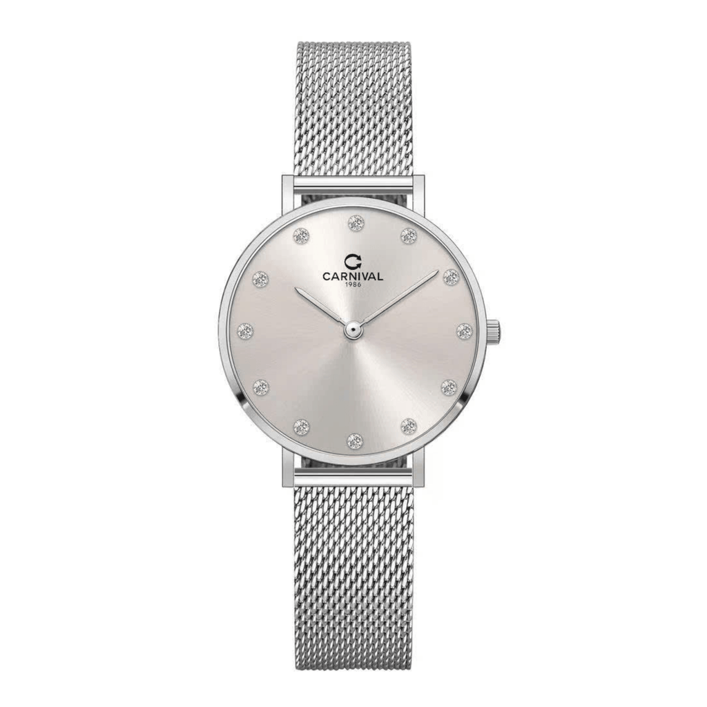 Đồng Hồ Nữ Carnival 8253L-VT-TX Dây Mesh Bạc Mặt Xám Grey Size 30mm Mỏng Nhỏ Xinh