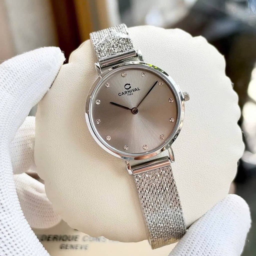 Đồng Hồ Nữ Carnival 8253L-VT-TX Dây Mesh Bạc Mặt Xám Grey Size 30mm Mỏng Nhỏ Xinh