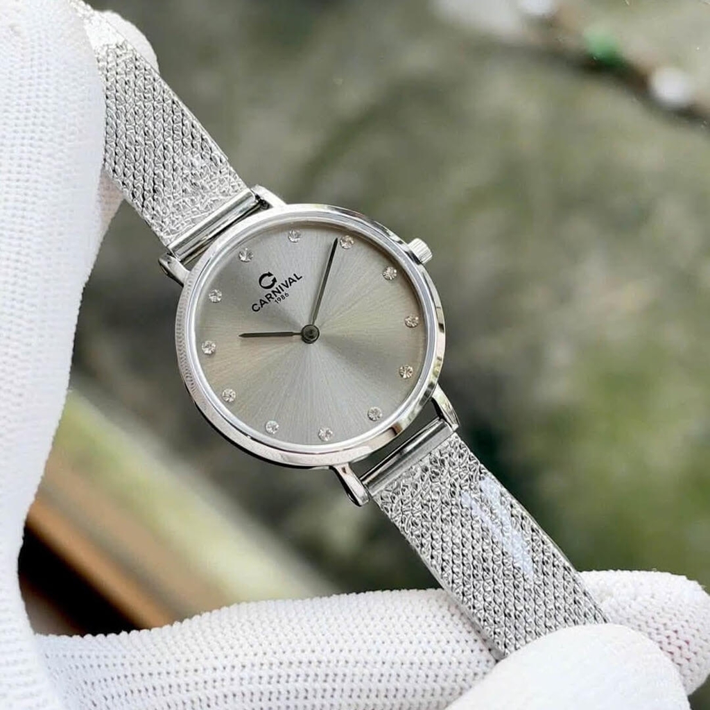 Đồng Hồ Nữ Carnival 8253L-VT-TX Dây Mesh Bạc Mặt Xám Grey Size 30mm Mỏng Nhỏ Xinh