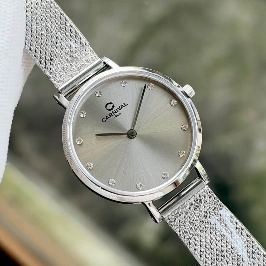 Đồng Hồ Nữ Carnival 8253L-VT-TX Dây Mesh Bạc Mặt Xám Grey Size 30mm Mỏng Nhỏ Xinh