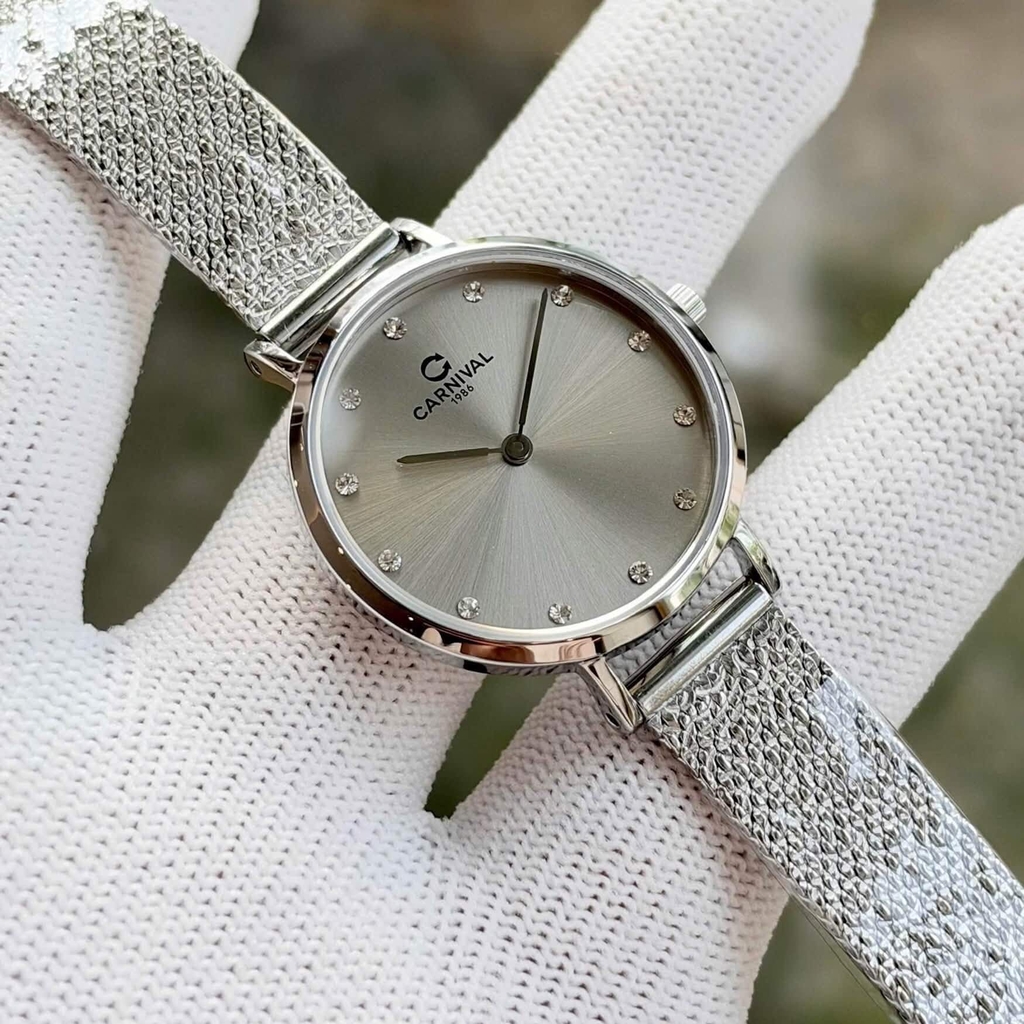 Đồng Hồ Nữ Carnival 8253L-VT-TX Dây Mesh Bạc Mặt Xám Grey Size 30mm Mỏng Nhỏ Xinh
