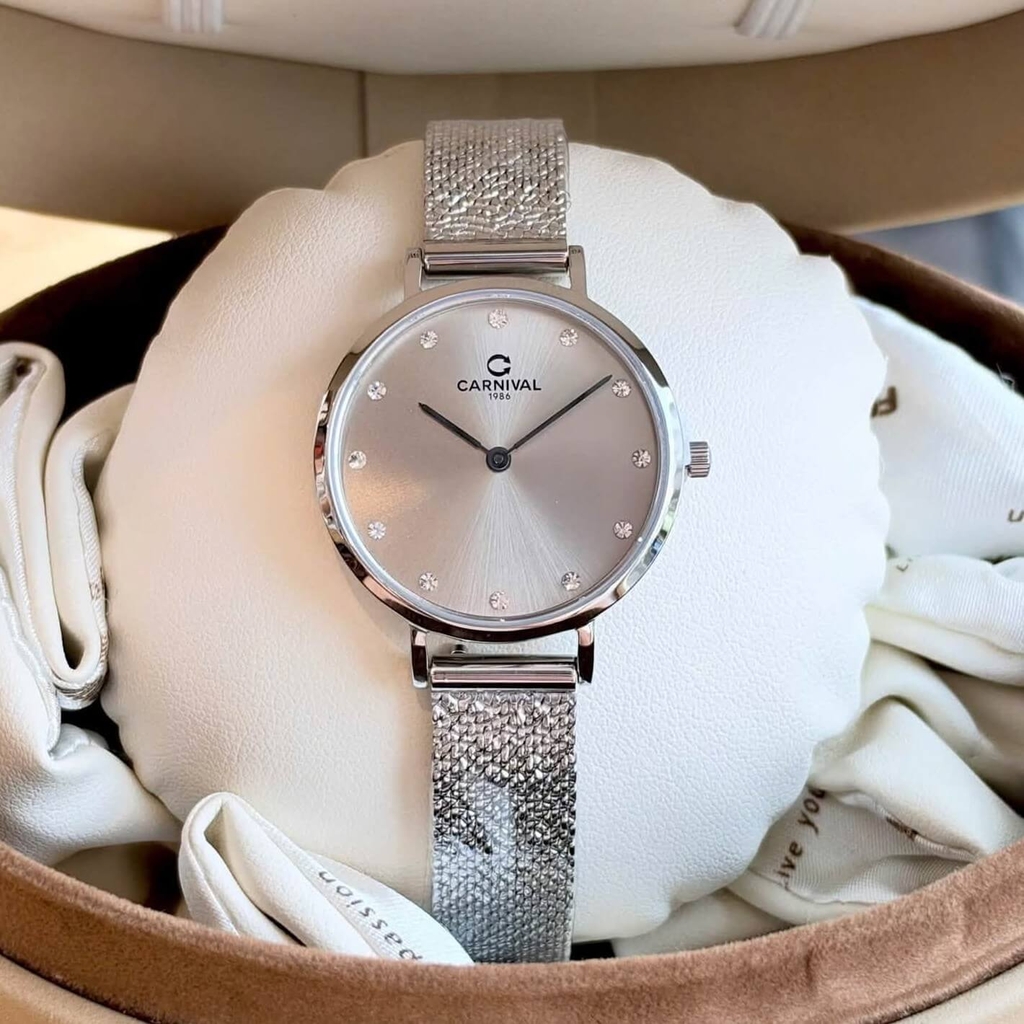 Đồng Hồ Nữ Carnival 8253L-VT-TX Dây Mesh Bạc Mặt Xám Grey Size 30mm Mỏng Nhỏ Xinh