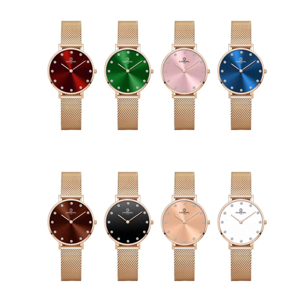 Đồng Hồ Nữ Carnival 8253L-VH-N Dây Mesh Màu Vàng Hồng Mặt Nâu Size 30mm Mỏng Nhỏ Xinh