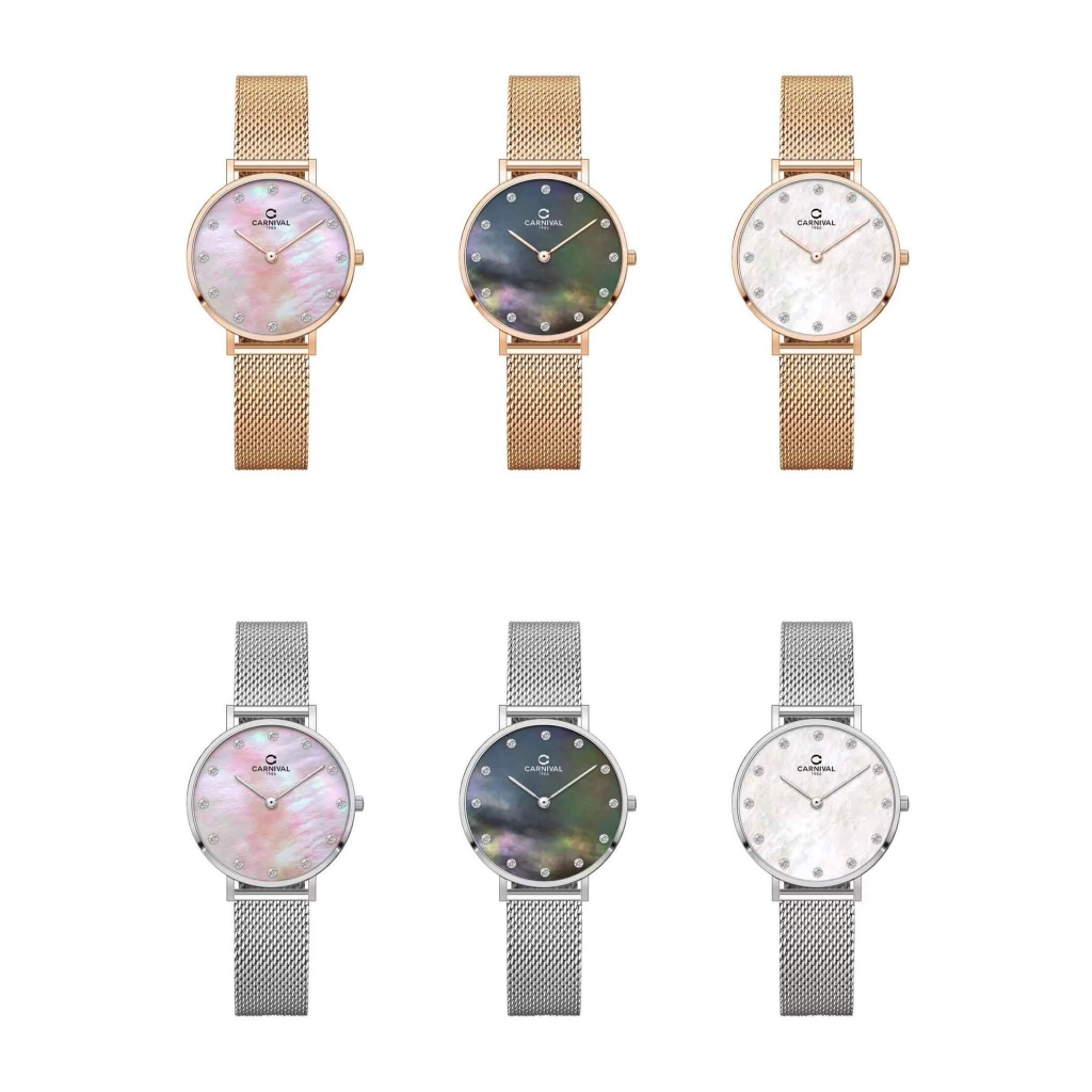 Đồng Hồ Nữ Carnival 8253L-VT-TK Dây Mesh Bạc Mặt Xà Cừ Trắng Size 30mm Mỏng Nhỏ Xinh