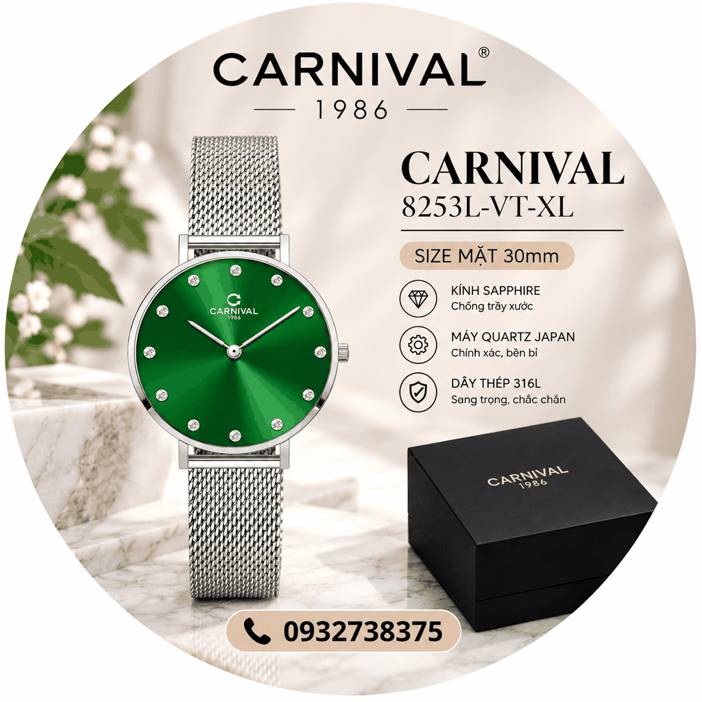 Đồng Hồ Nữ Carnival 8253L-VT-XL Dây Mesh Bạc Mặt Xanh Lá Size 30mm Mỏng Nhỏ Xinh