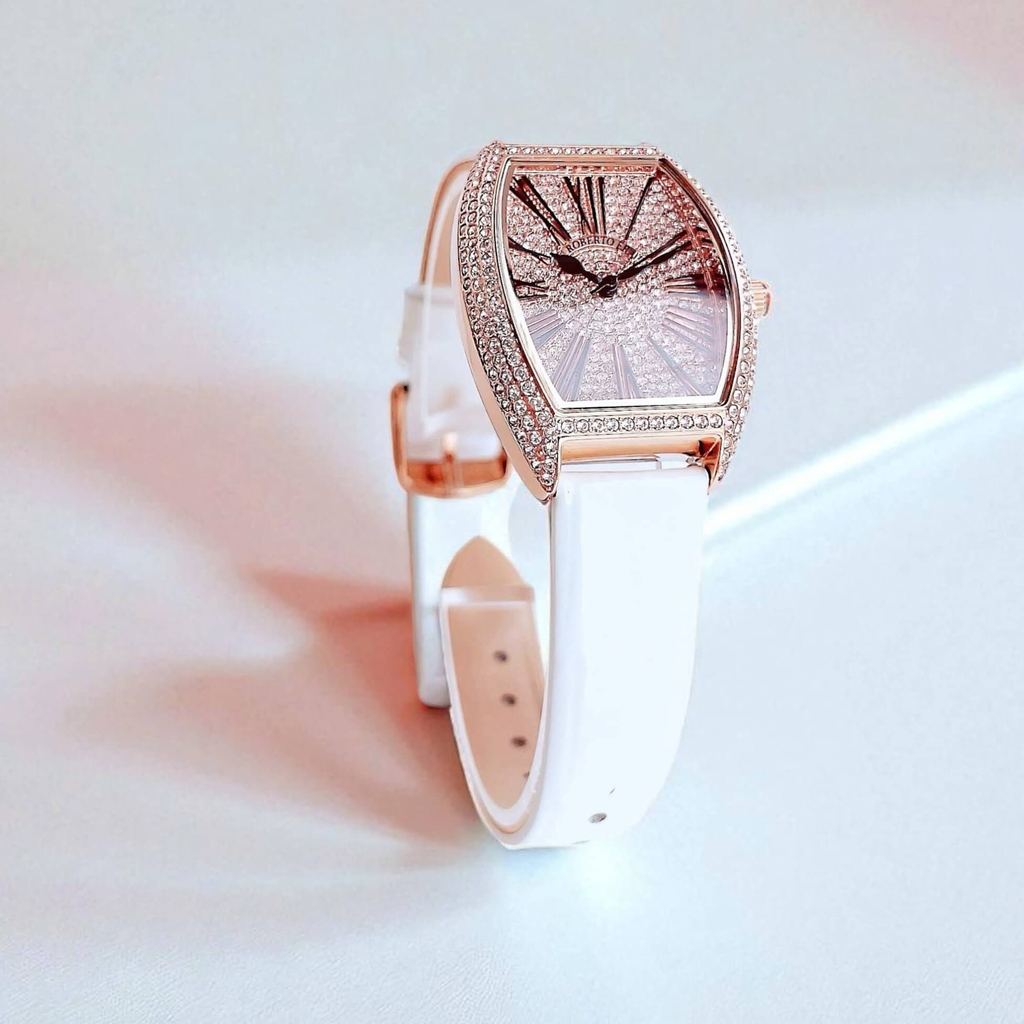 Đồng Hồ Nữ Robero Era Dây Da Trắng Chính Hãng Vỏ Rose Size 30x36mm Quartz