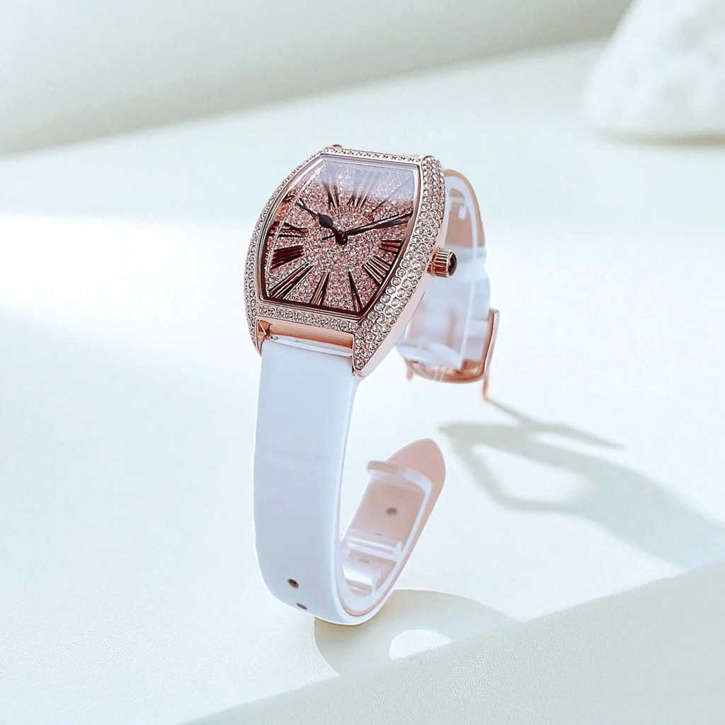 Đồng Hồ Nữ Robero Era Dây Da Trắng Chính Hãng Vỏ Rose Size 30x36mm Quartz