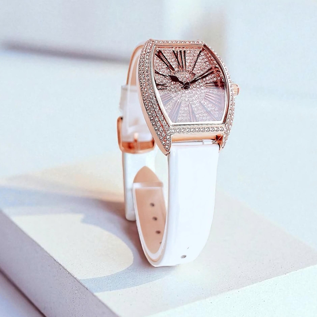 Đồng Hồ Nữ Robero Era Dây Da Trắng Chính Hãng Vỏ Rose Size 30x36mm Quartz