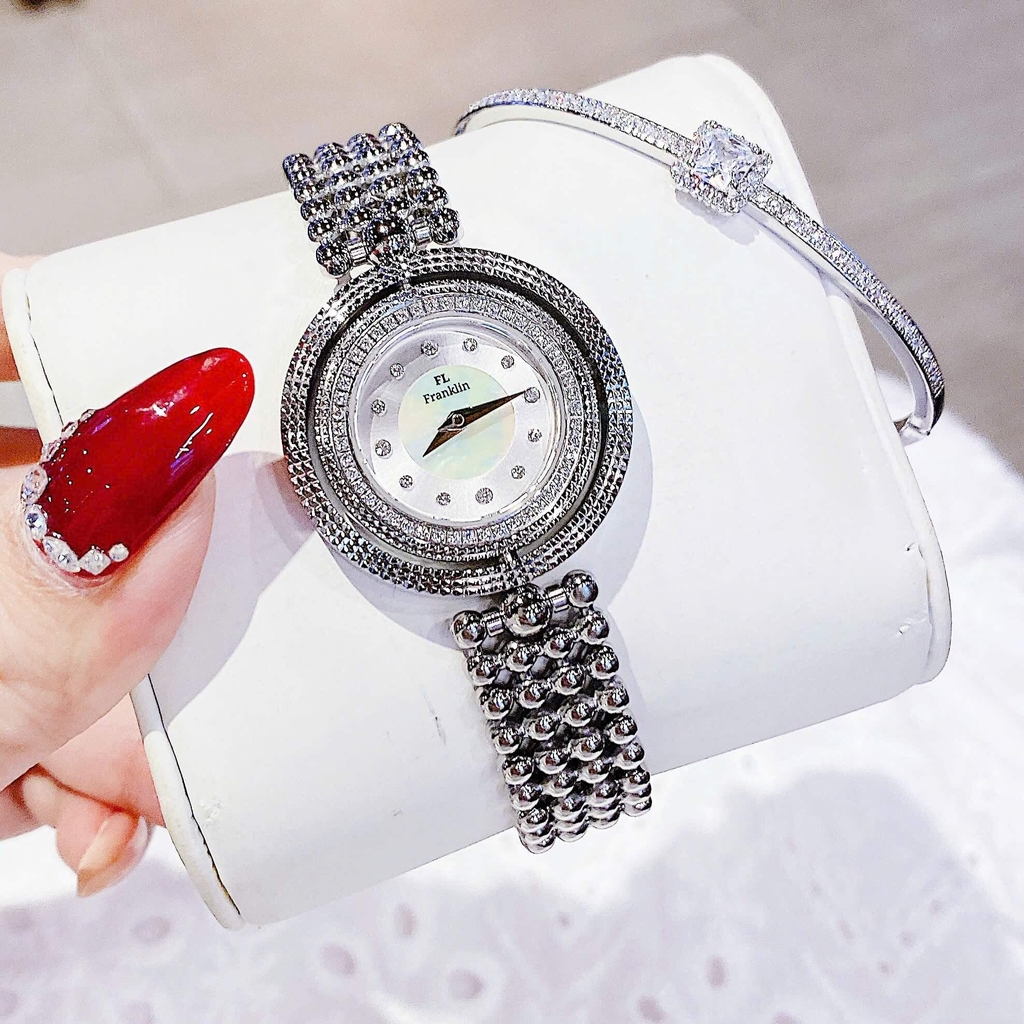 Đồng Hồ Nữ Franklin Dây Thép Silver Xà Cừ Trắng Mặt Xoay 360 Độ Size 32mm FL5488 Tặng Kèm Vòng Tay