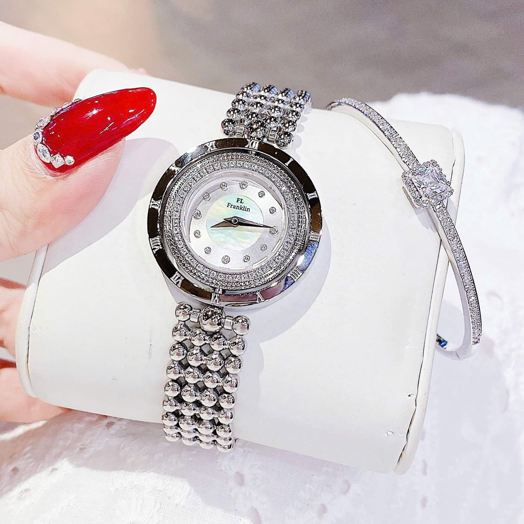 Đồng Hồ Nữ Franklin Dây Thép Silver Xà Cừ Trắng Mặt Xoay 360 Độ Size 32mm FL5488 Tặng Kèm Vòng Tay