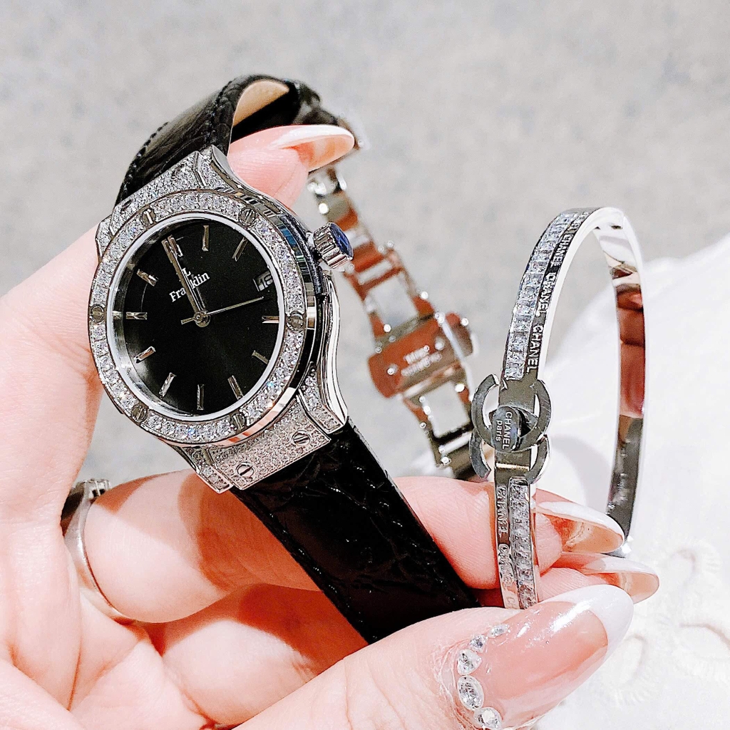 Đồng Hồ Nữ Franklin FL5223 Dây Da Đen Đính Đá Vỏ Silver Size 31mm Tặng Kèm Vòng Tay