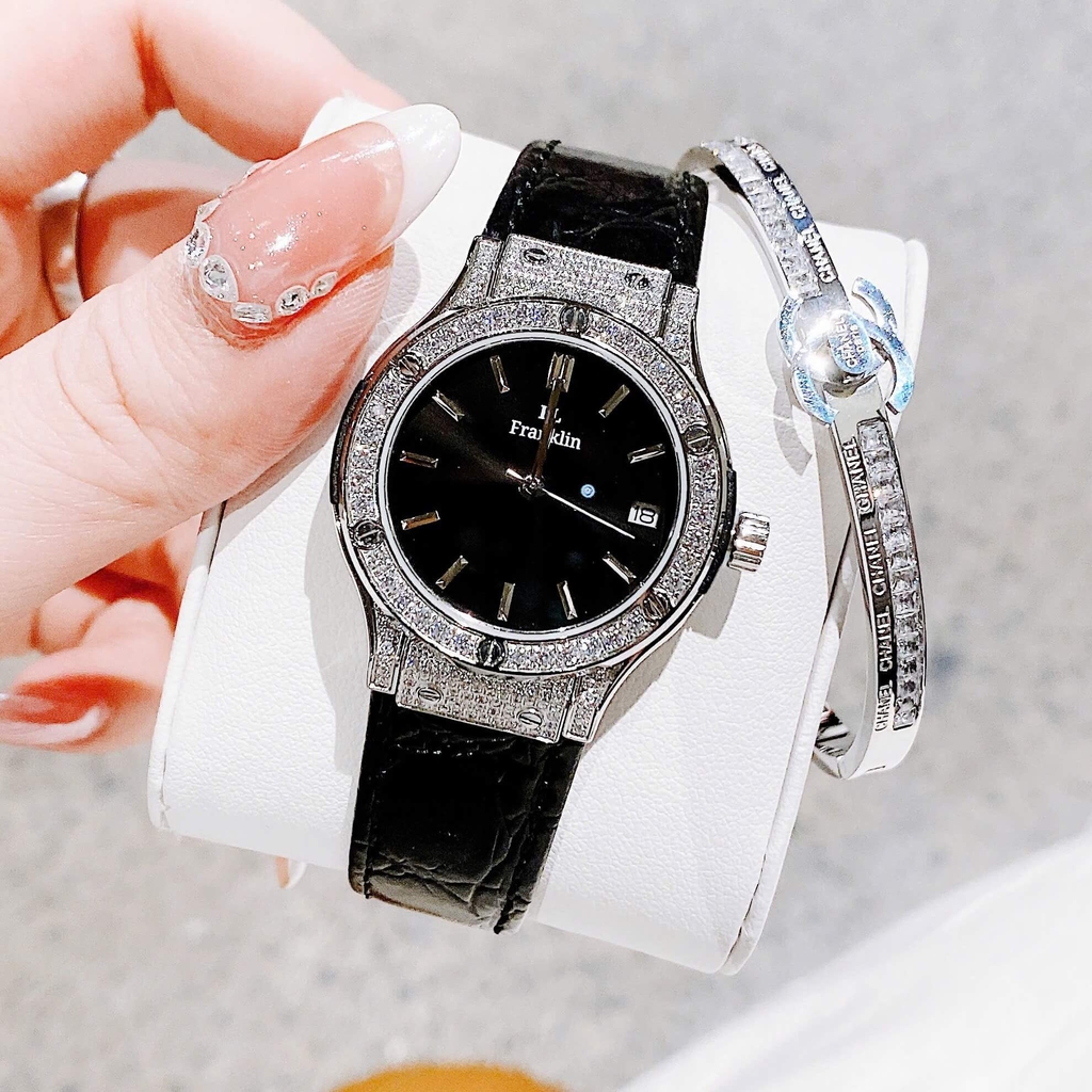 Đồng Hồ Nữ Franklin FL5223 Dây Da Đen Đính Đá Vỏ Silver Size 31mm Tặng Kèm Vòng Tay