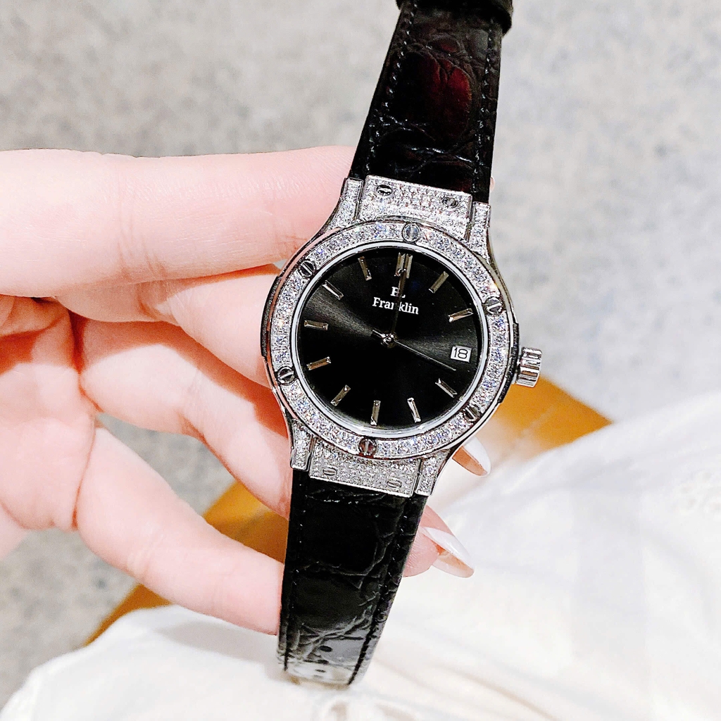 Đồng Hồ Nữ Franklin FL5223 Dây Da Đen Đính Đá Vỏ Silver Size 31mm Tặng Kèm Vòng Tay