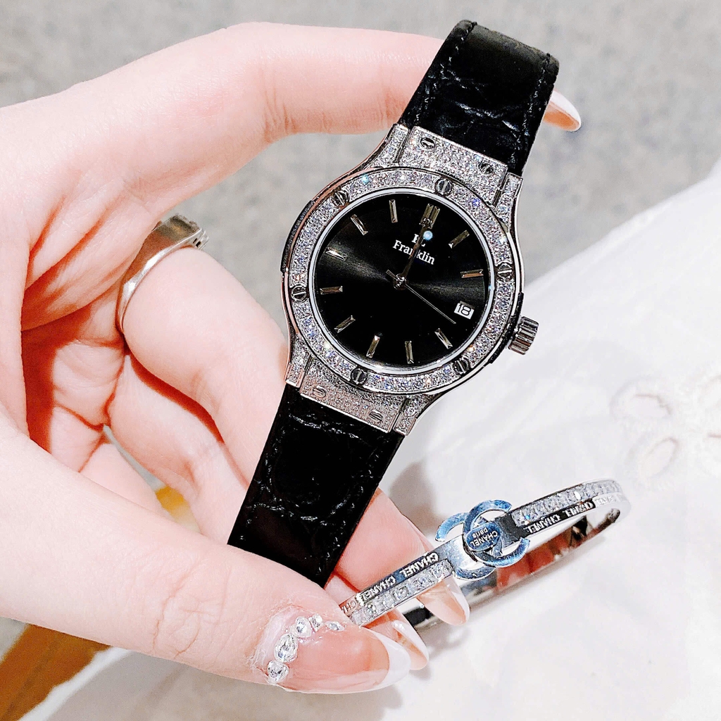 Đồng Hồ Nữ Franklin FL5223 Dây Da Đen Đính Đá Vỏ Silver Size 31mm Tặng Kèm Vòng Tay
