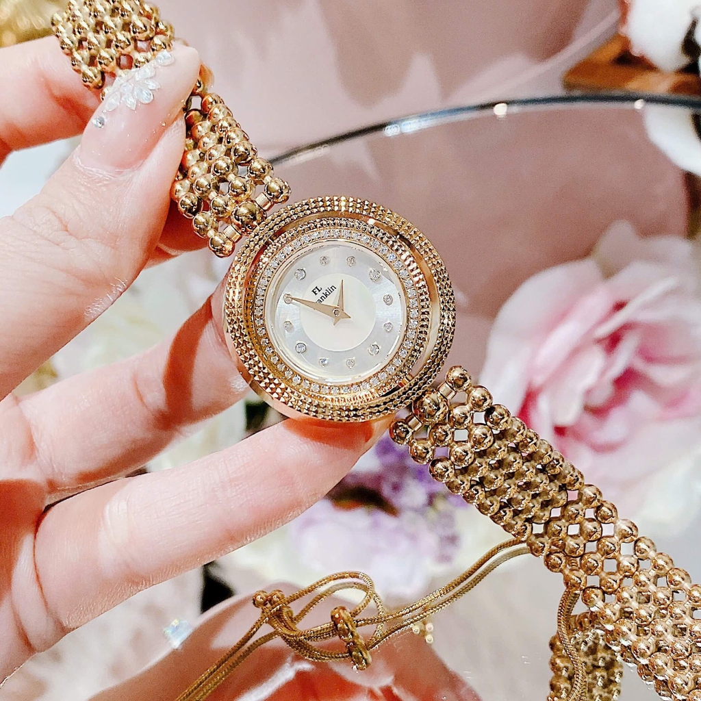 Đồng Hồ Nữ Franklin Màu Vàng Gold Mặt Xà Cừ Trắng Size 32mm Mặt Xoay 360 Độ FL5488 Tặng Kèm Vòng Tay