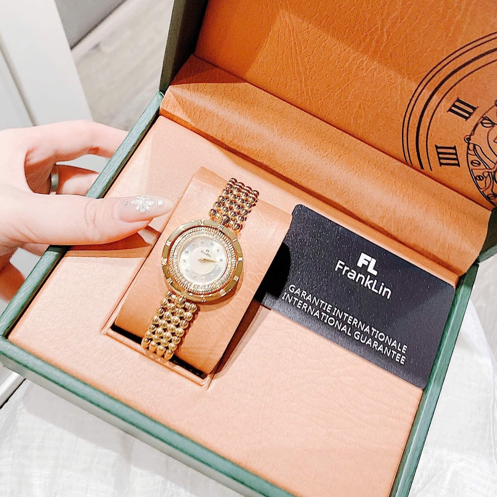 Đồng Hồ Nữ Franklin Màu Vàng Gold Mặt Xà Cừ Trắng Size 32mm Mặt Xoay 360 Độ FL5488 Tặng Kèm Vòng Tay