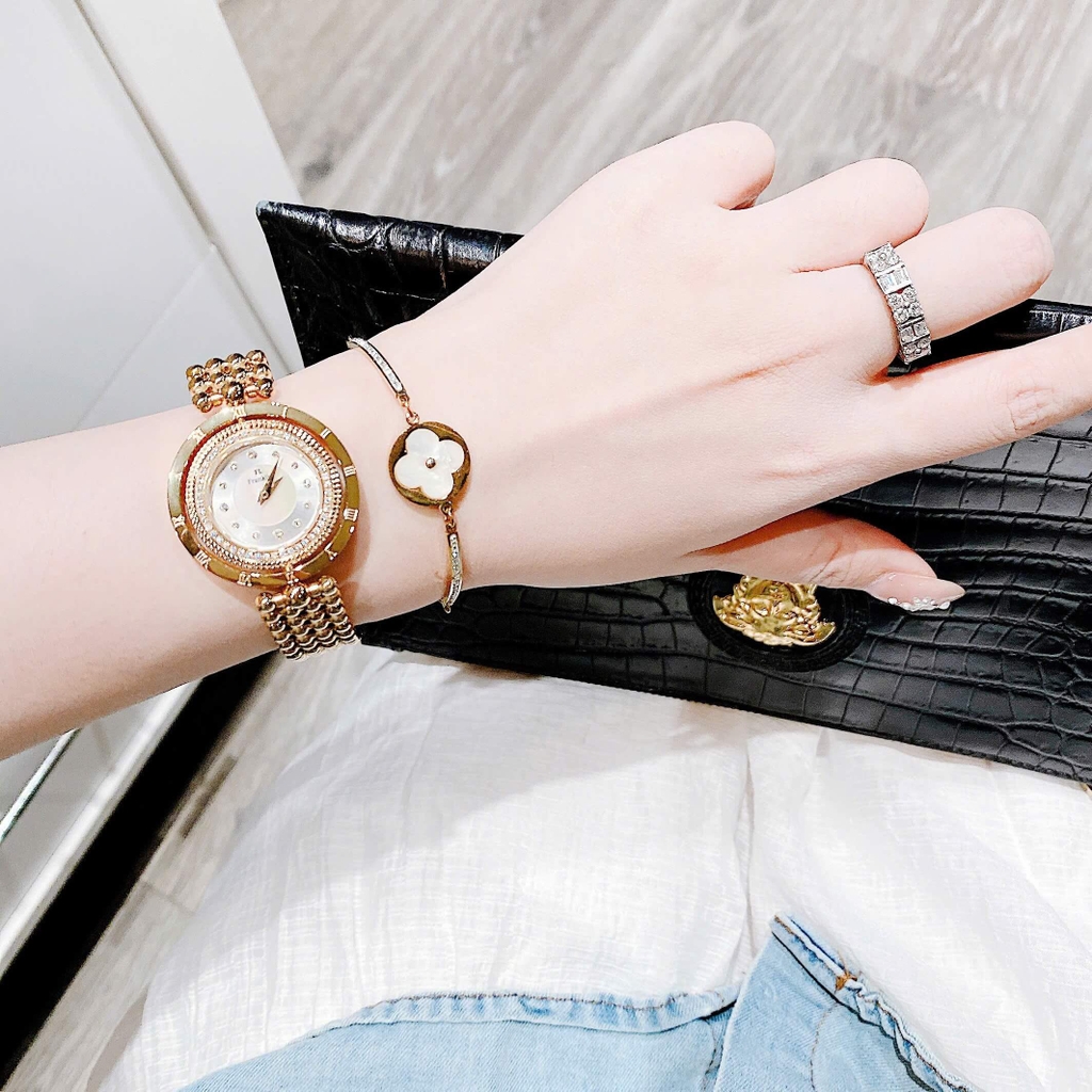 Đồng Hồ Nữ Franklin Màu Vàng Gold Mặt Xà Cừ Trắng Size 32mm Mặt Xoay 360 Độ FL5488 Tặng Kèm Vòng Tay
