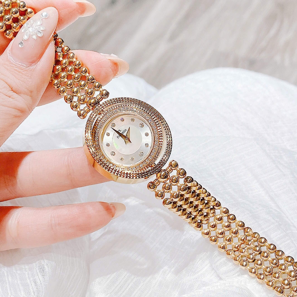 Đồng Hồ Nữ Franklin Màu Vàng Gold Mặt Xà Cừ Trắng Size 32mm Mặt Xoay 360 Độ FL5488 Tặng Kèm Vòng Tay