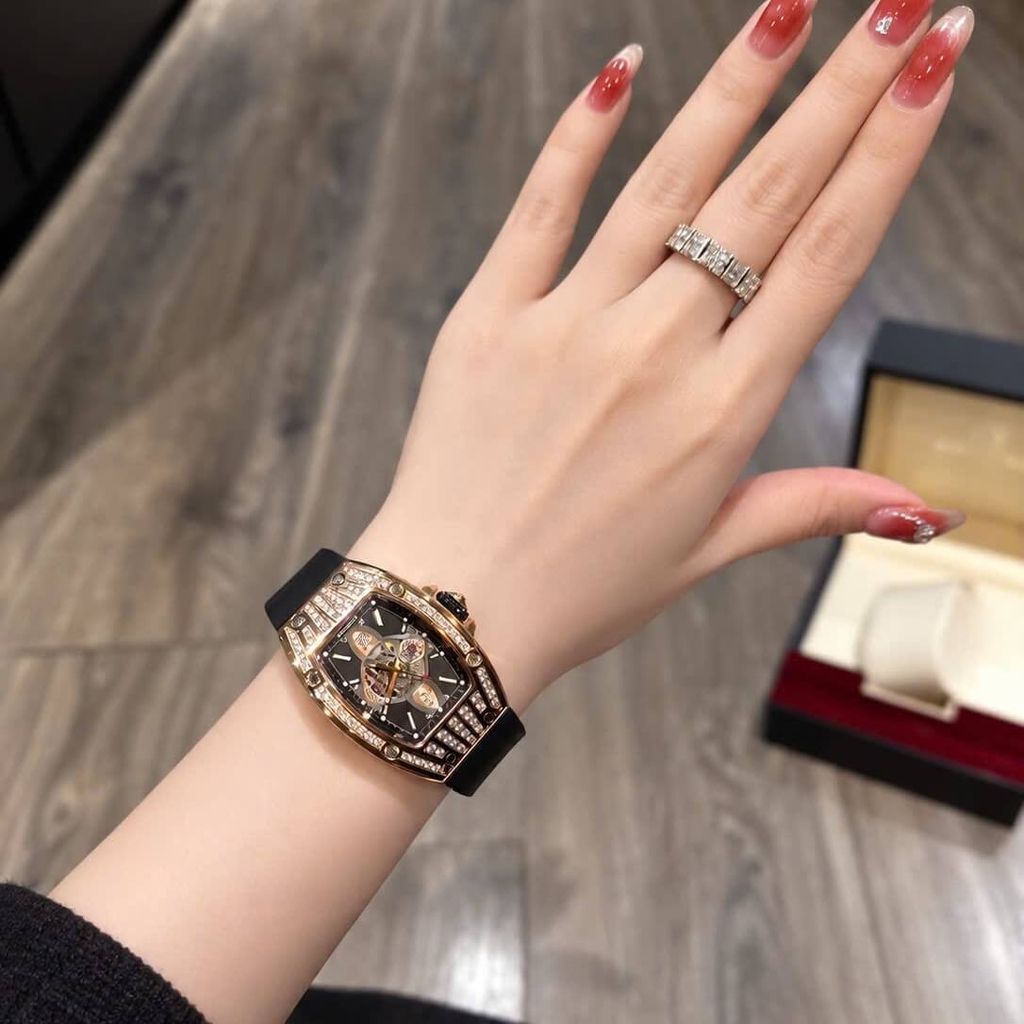 Đồng Hồ Nữ Hanboro Chính Hãng Dây Cao Su Đen Vỏ Rose Size 36mm Viền Đá Quartz