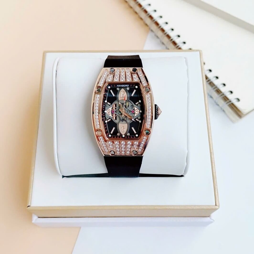 Đồng Hồ Nữ Hanboro Chính Hãng Dây Cao Su Đen Vỏ Rose Size 36mm Viền Đá Quartz