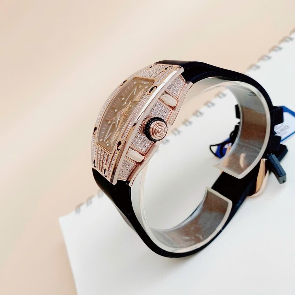 Đồng Hồ Nữ Hanboro Chính Hãng Dây Cao Su Đen Vỏ Rose Size 36mm Viền Đá Quartz