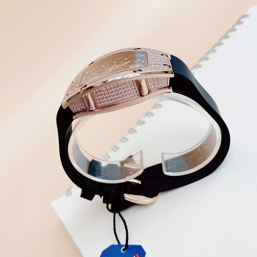 Đồng Hồ Nữ Hanboro Chính Hãng Dây Cao Su Đen Vỏ Rose Size 36mm Viền Đá Quartz