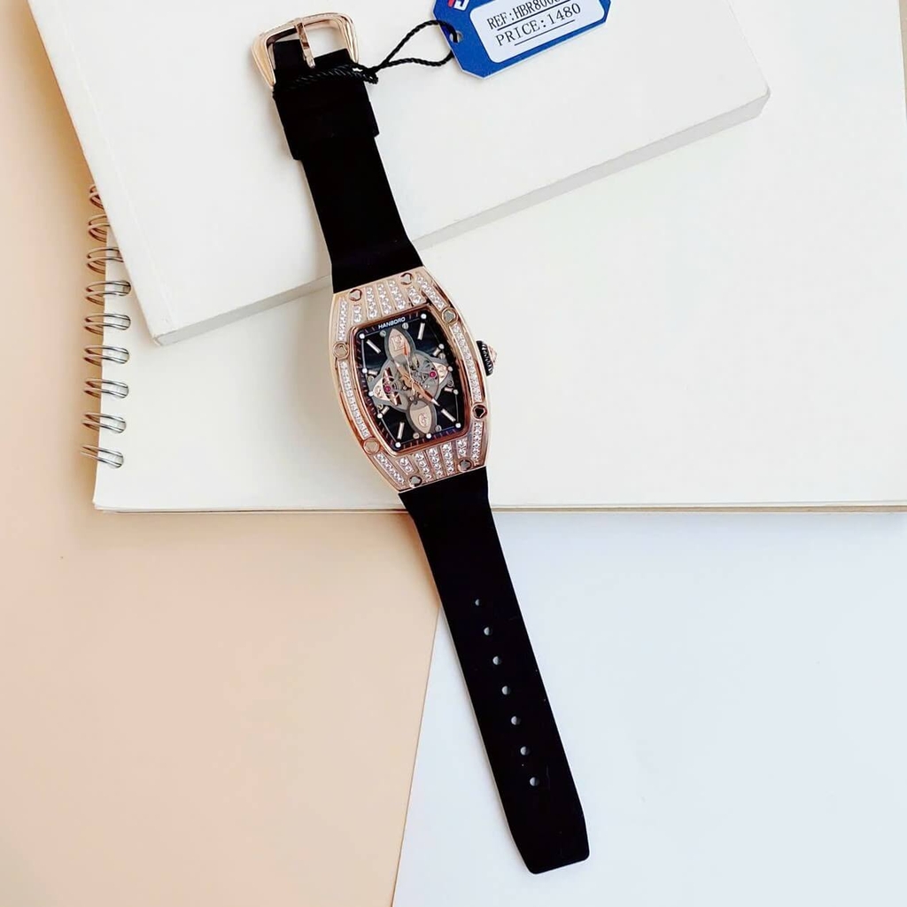 Đồng Hồ Nữ Hanboro Chính Hãng Dây Cao Su Đen Vỏ Rose Size 36mm Viền Đá Quartz